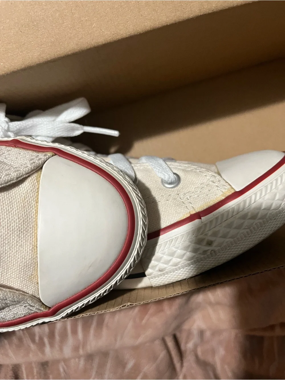 Converse Cream/Off-White High Top Kids Sneakers with Red & Navy Stripe
